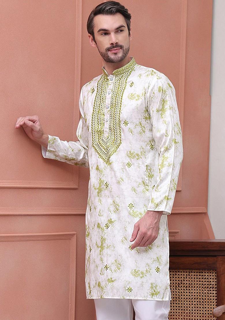 Green Embroidered Poly Blend Kurta For Men