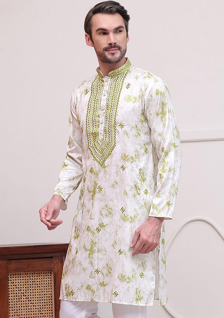Green Embroidered Poly Blend Kurta For Men