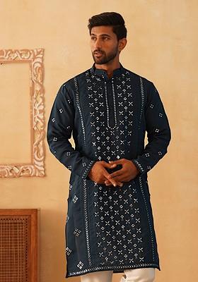Teal Blue Embroidered Poly Blend Kurta For Men
