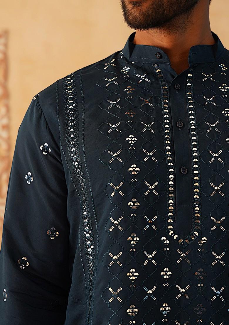 Teal Blue Embroidered Poly Blend Kurta For Men