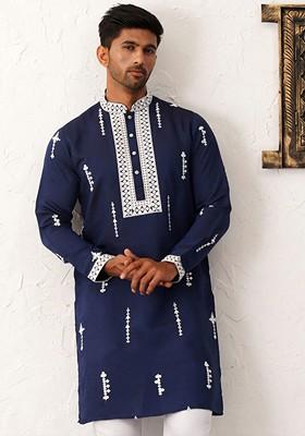 Navy Blue Embroidered Poly Blend Kurta For Men