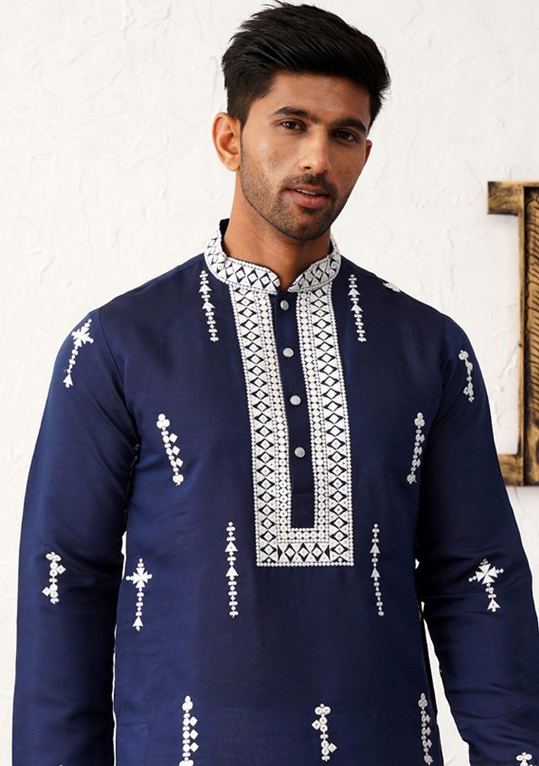 Navy Blue Embroidered Poly Blend Kurta For Men