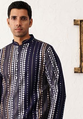 Navy Blue Embroidered Poly Blend Kurta For Men