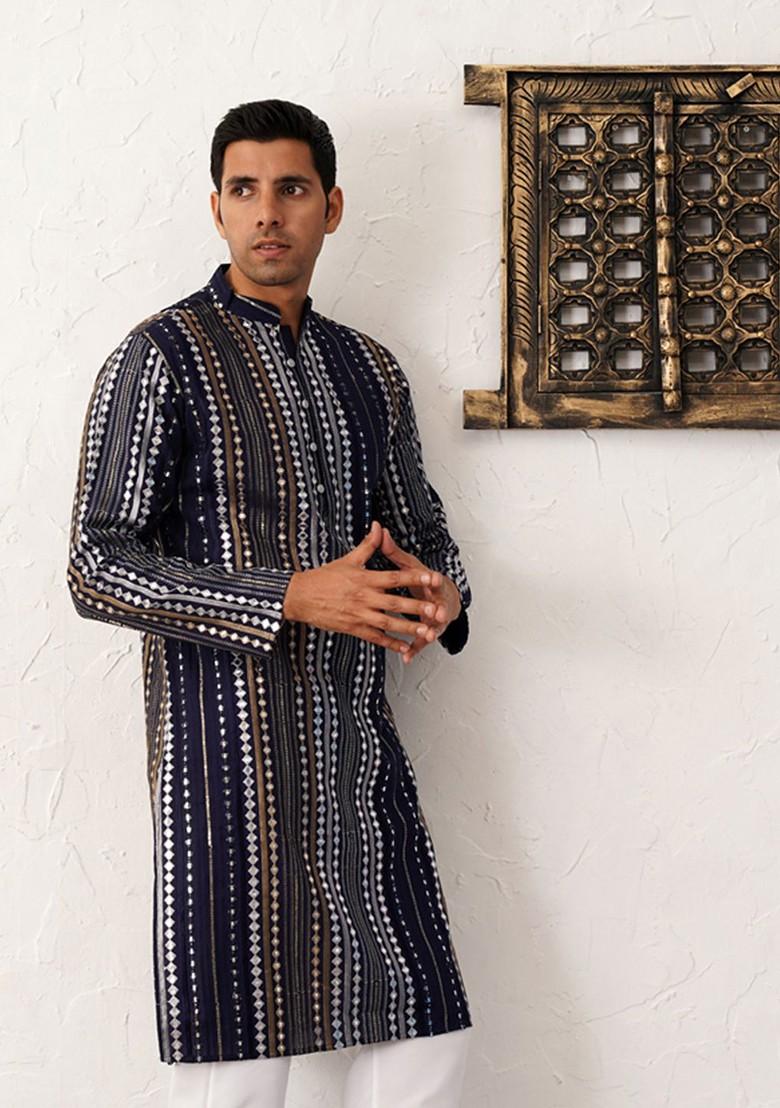 Navy Blue Embroidered Poly Blend Kurta For Men