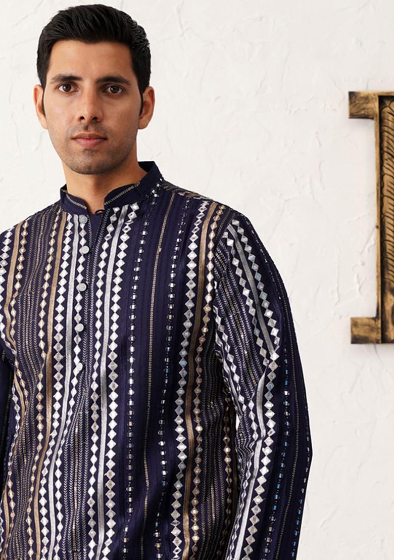 Navy Blue Embroidered Poly Blend Kurta For Men