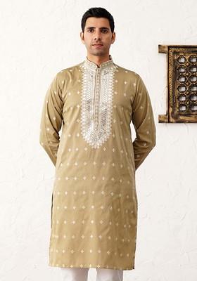 Beige Embroidered Poly Blend Kurta For Men