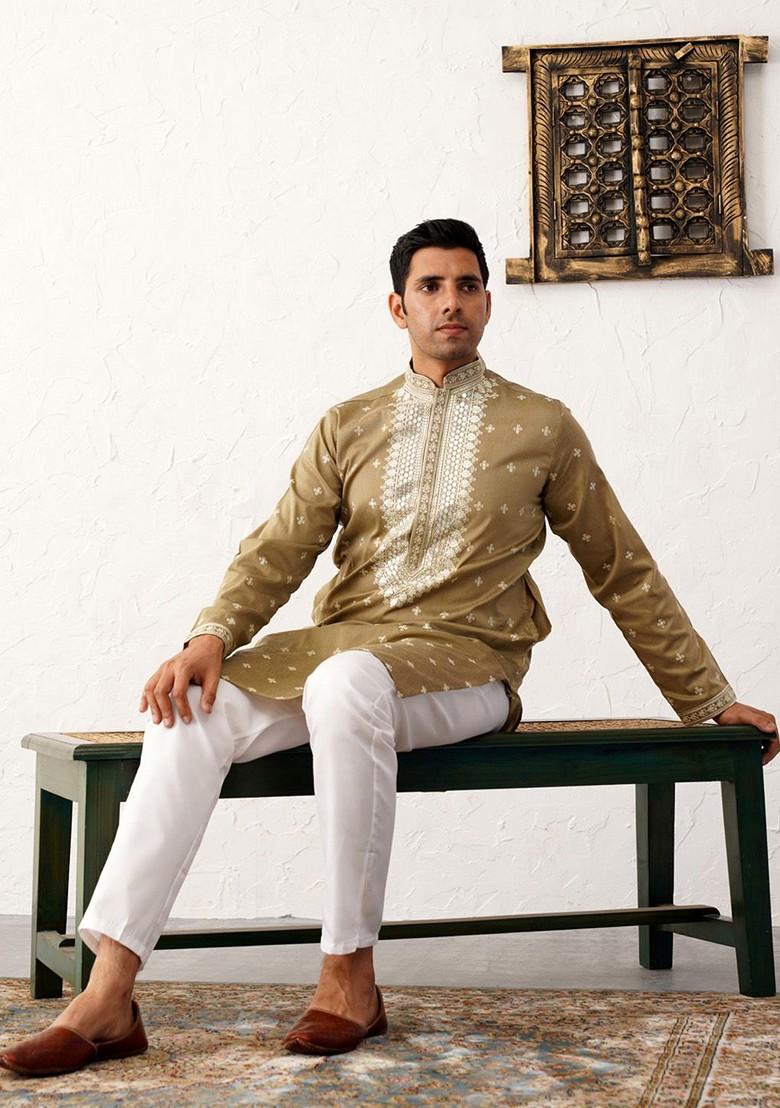 Beige Embroidered Poly Blend Kurta For Men