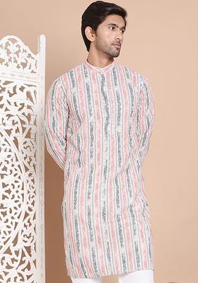 Beige Printed Poly Blend Kurta For Men