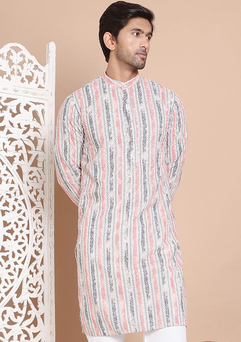 Beige Printed Poly Blend Kurta For Men