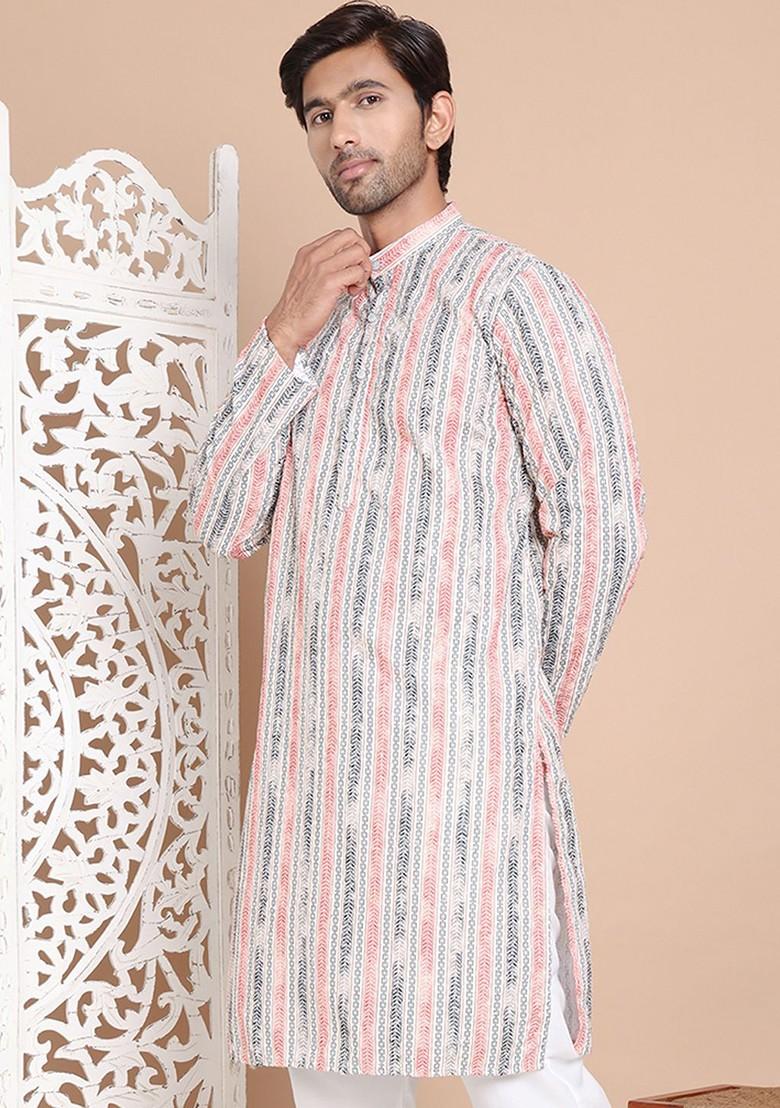 Beige Printed Poly Blend Kurta For Men