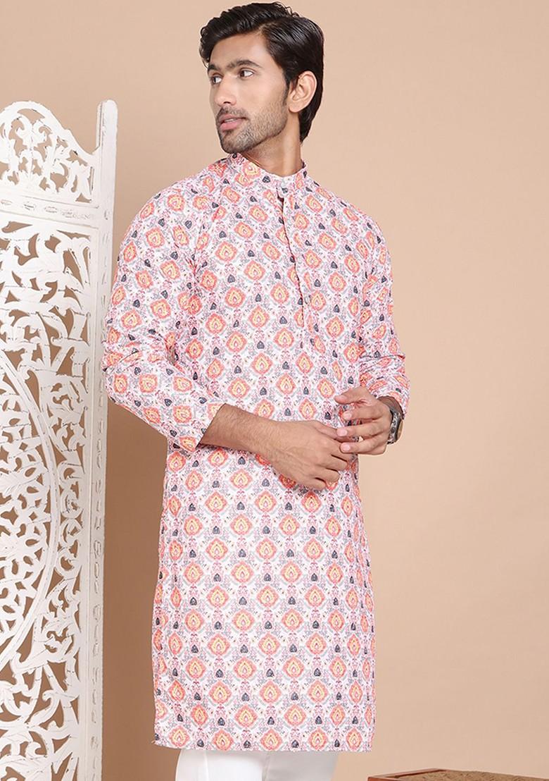 Peach Printed Poly Blend Kurta For Men