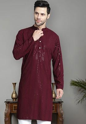 Purple Embroidered Poly Blend Kurta For Men