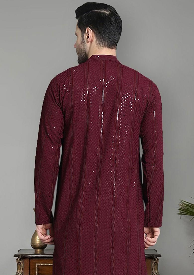 Purple Embroidered Poly Blend Kurta For Men