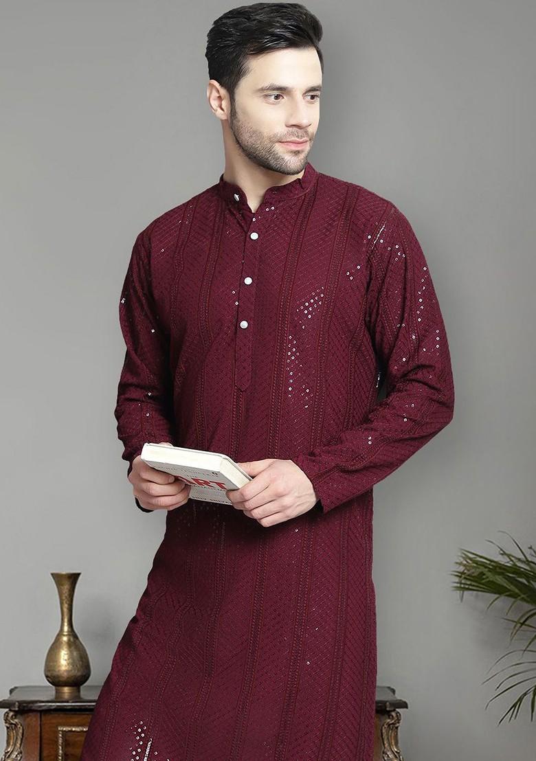 Purple Embroidered Poly Blend Kurta For Men