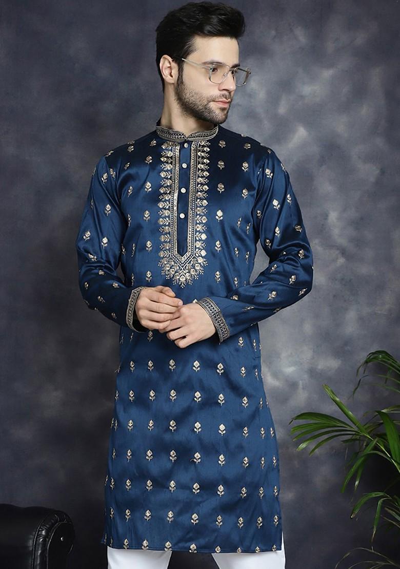 Navy Blue Embroidered Poly Blend Kurta For Men
