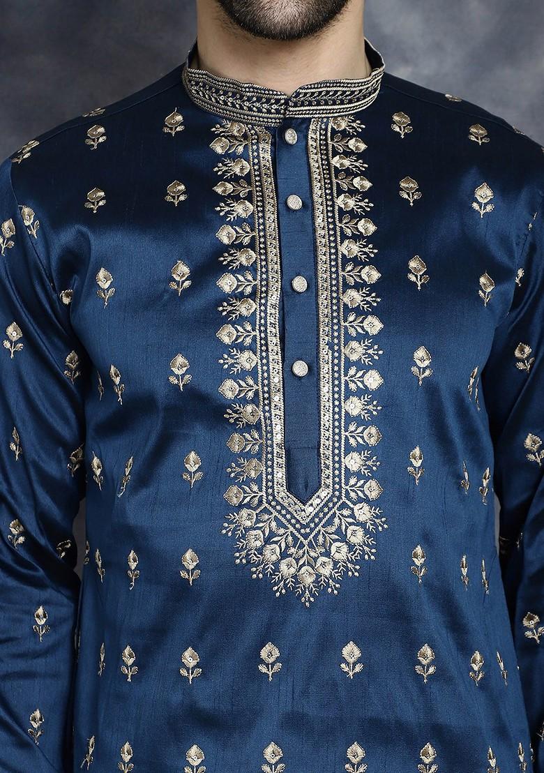Navy Blue Embroidered Poly Blend Kurta For Men