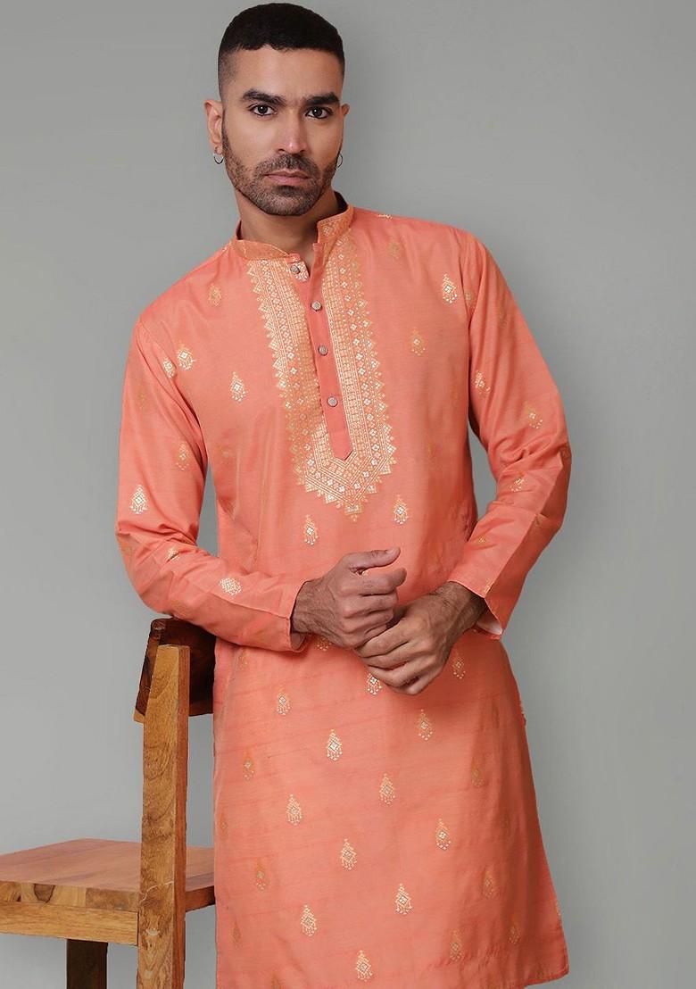 Peach Embroidered Poly Blend Kurta For Men