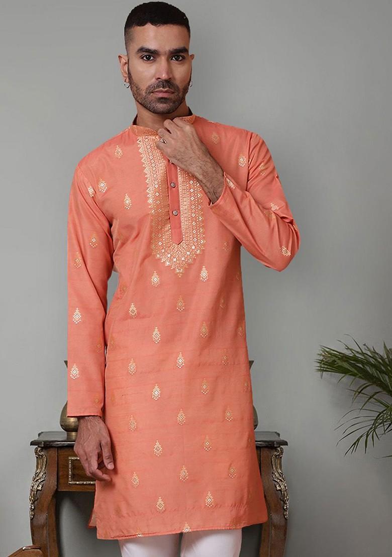 Peach Embroidered Poly Blend Kurta For Men