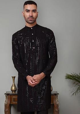 Black Embroidered Poly Blend Kurta For Men