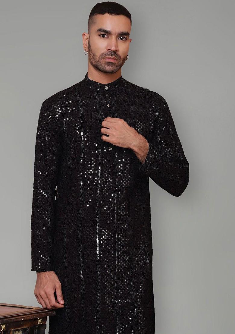 Black Embroidered Poly Blend Kurta For Men