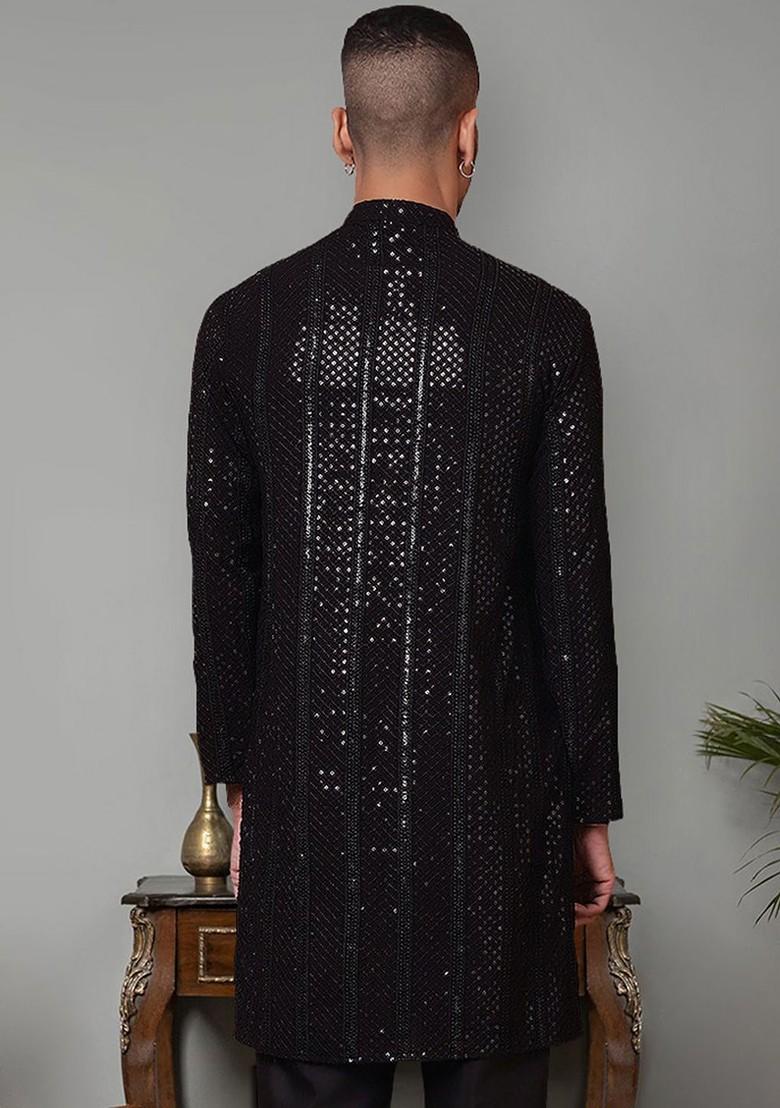 Black Embroidered Poly Blend Kurta For Men