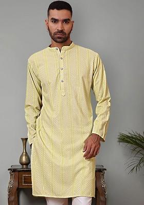 Green Embroidered Poly Blend Kurta For Men