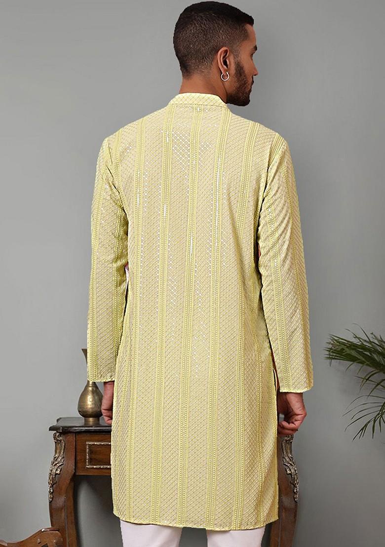 Green Embroidered Poly Blend Kurta For Men