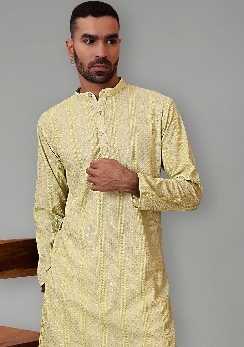 Green Embroidered Poly Blend Kurta For Men