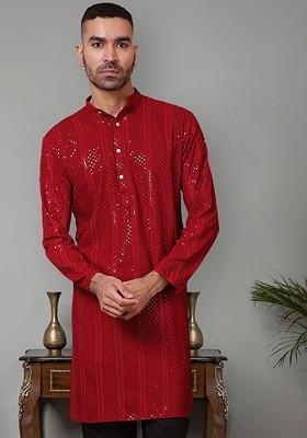 Maroon Embroidered Poly Blend Kurta For Men