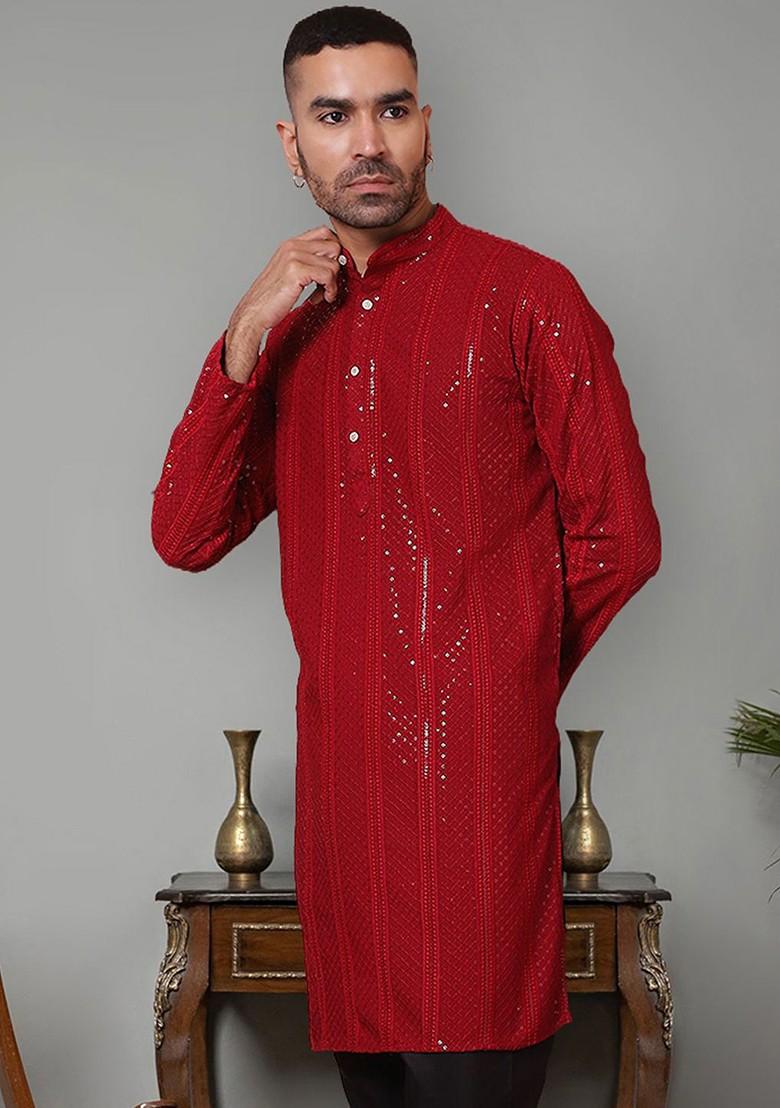 Maroon Embroidered Poly Blend Kurta For Men