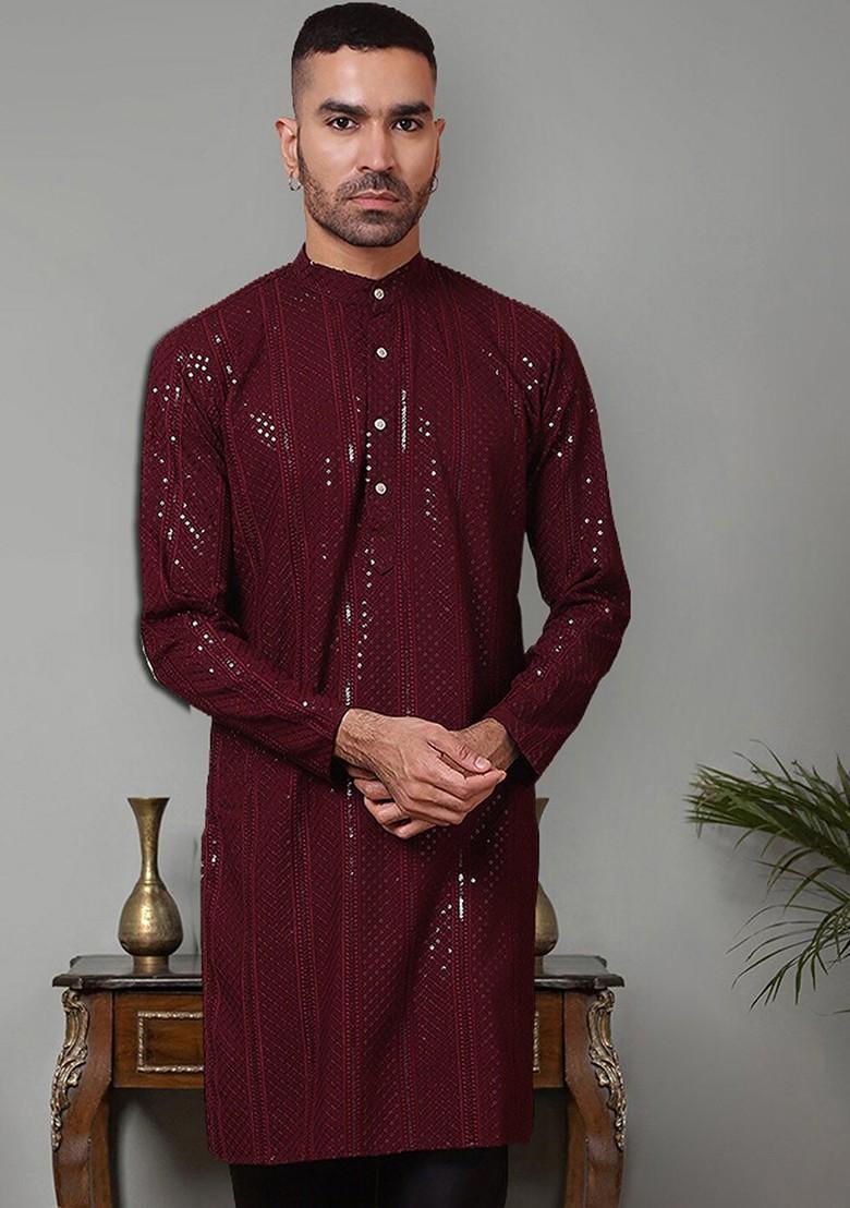 Purple Embroidered Poly Blend Kurta For Men