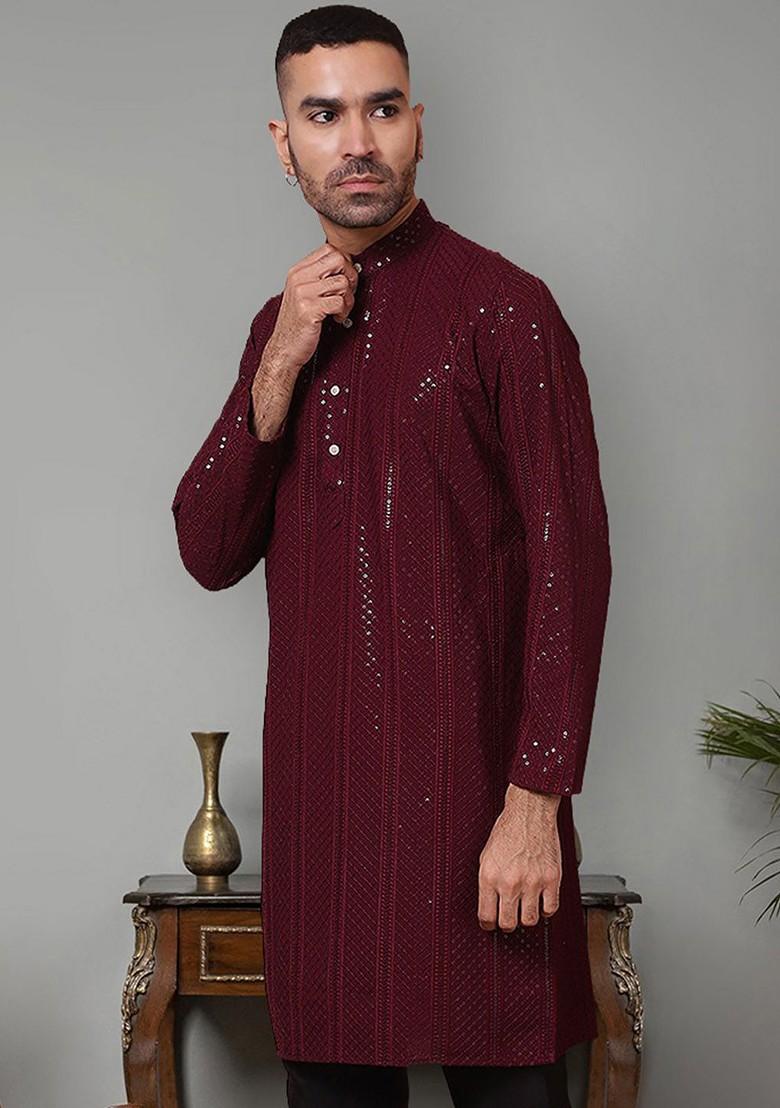 Purple Embroidered Poly Blend Kurta For Men