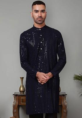 Navy Blue Embroidered Poly Blend Kurta For Men