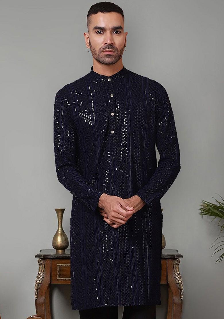Navy Blue Embroidered Poly Blend Kurta For Men