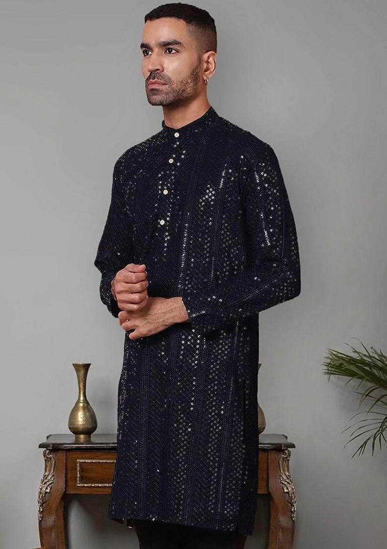 Navy Blue Embroidered Poly Blend Kurta For Men