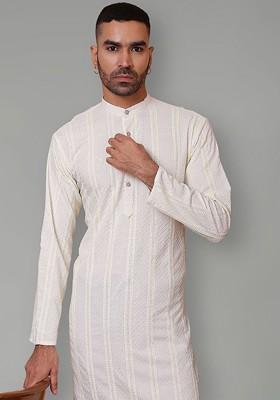 White Embroidered Poly Blend Kurta For Men