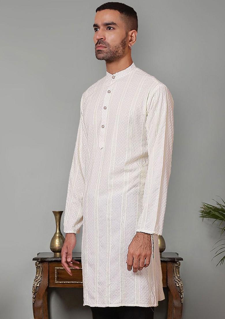 White Embroidered Poly Blend Kurta For Men
