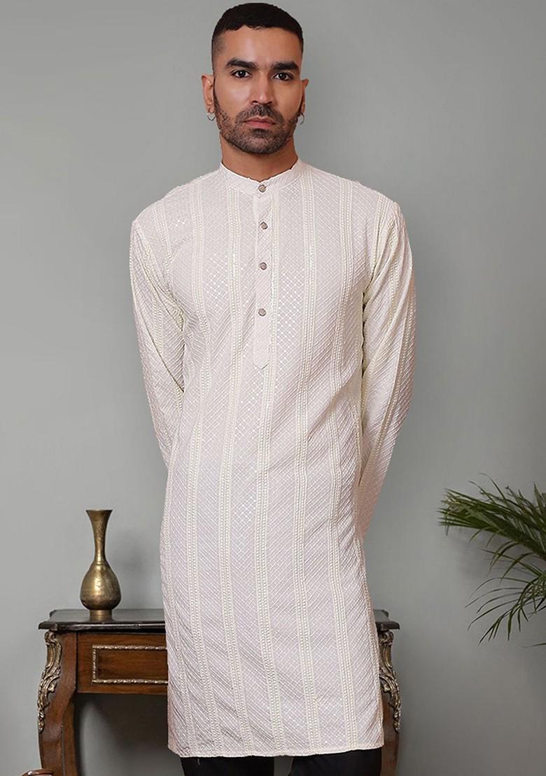 White Embroidered Poly Blend Kurta For Men
