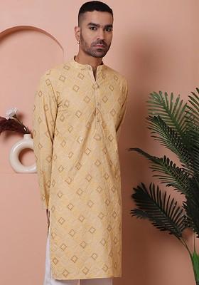 Off White Embroidered Poly Blend Kurta For Men