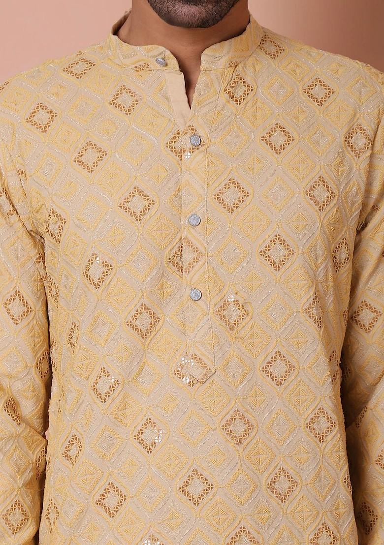 Off White Embroidered Poly Blend Kurta For Men