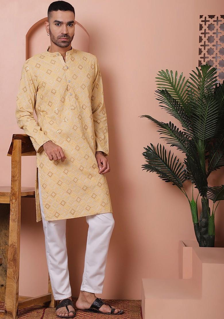 Off White Embroidered Poly Blend Kurta For Men
