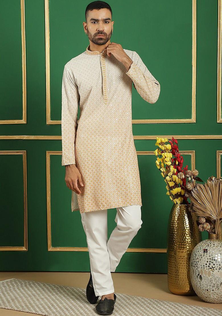 White Embroidered Poly Blend Kurta For Men