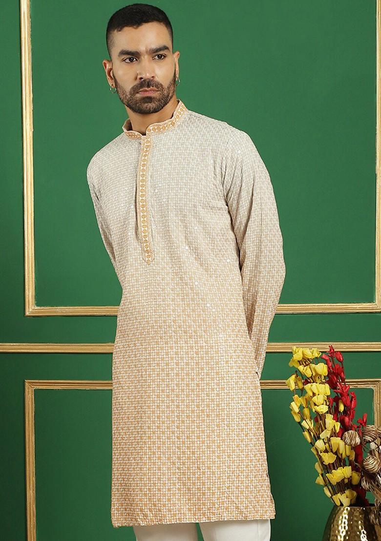 White Embroidered Poly Blend Kurta For Men