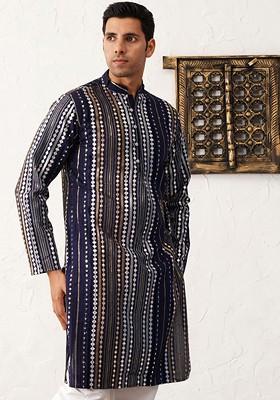 Navy Blue Embroidered Poly Blend Kurta For Men