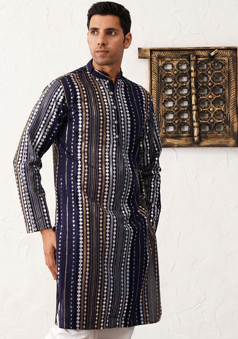 Navy Blue Embroidered Poly Blend Kurta For Men