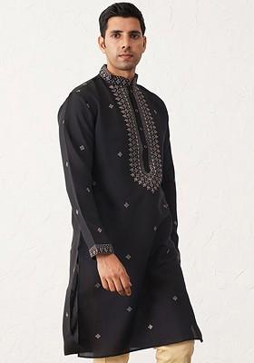 Black Embroidered Poly Blend Kurta For Men