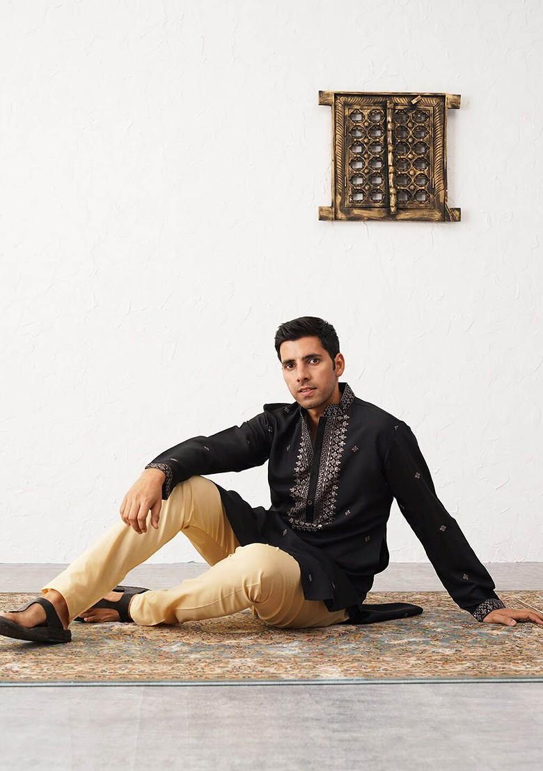 Black Embroidered Poly Blend Kurta For Men