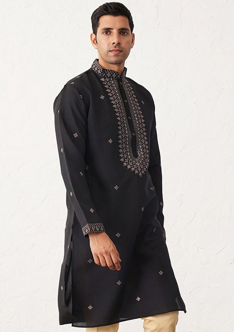 Black Embroidered Poly Blend Kurta For Men