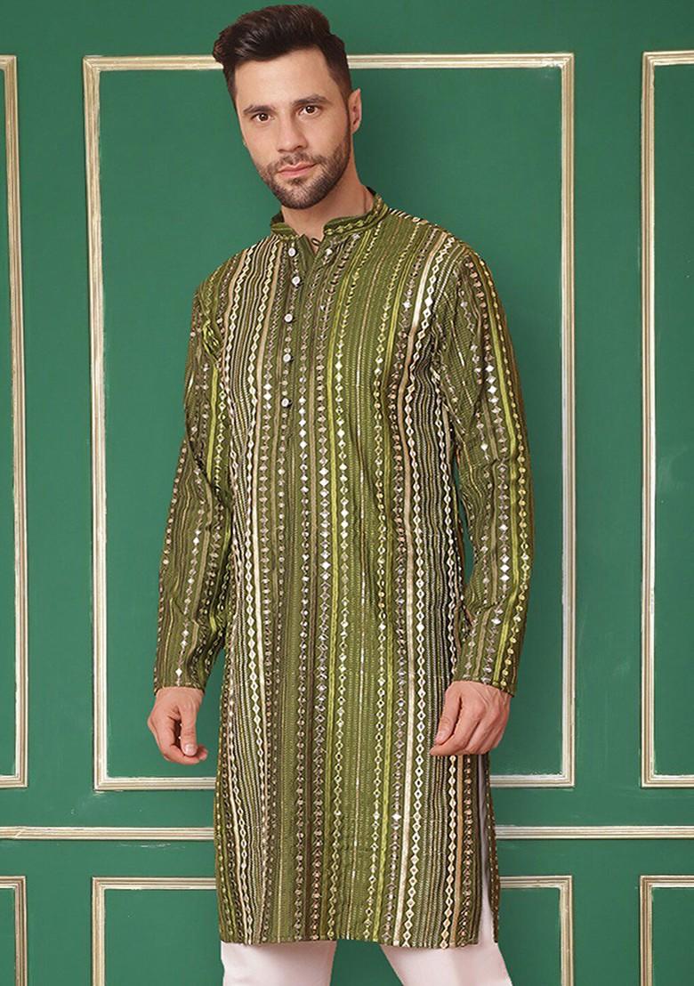Olive Striped Poly Blend Kurta For Men