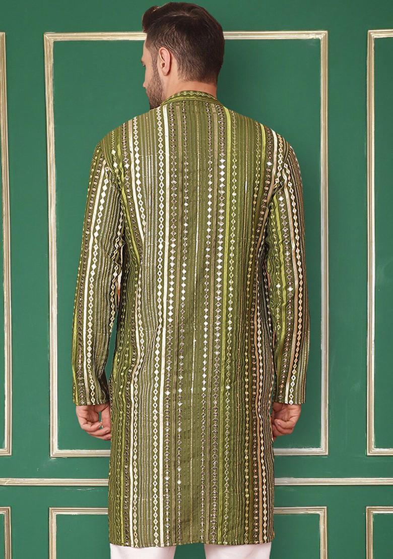 Olive Striped Poly Blend Kurta For Men